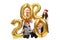 Happy family in caps of Santa Claus holds inflatable golden balloons in the form of numbers 2020. Festive mood. Isolated over