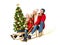 Happy Family carrying Decorate Christmas tree Gift. Parents and Child ridding Sled in Outdoor Clothing. Christmas Present Sale