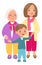 Happy family. Cartoon boy standing together with mother and grandma. Relatives group portrait. Young and senior women