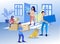 Happy Family with Cat Moving to New Home Cartoon