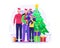 Happy Family celebrates Christmas and New Year near the Christmas tree with gifts. Merry Christmas and Happy New Year