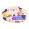 Happy family celebrating holiday sitting at dining table flat vector. Mother serving turkey to her child, husband and grandparents