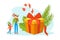 Happy Family Celebrating Winter Holidays, Tiny Father and his Kids with Huge Gift Box, Merry Christmas and Happy New