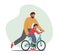 Happy Family Characters Activity. Caring Dad Teaching Son to Ride Bike for the First Time. Father Teach Kid Boy Cycling