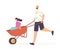 Happy Family Characters Father and Daughter Having Fun All Together, Dad Riding Girl in Wheelbarrow. People Gardening