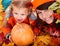 Happy family child autumn orange leaf, pumpkin