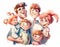 Happy family with children. Dad, mom, three sons and little daughter. Cartoon illustration