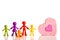 Happy family colored figurines and pink heart on a white background