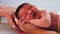 Happy family concept. Adorable Newborn baby boy sleeping in his parents arms. Adult hands holding new born child