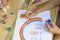 Happy family concept. Child draws on a sheet of paper: father, mother, boy and girl hold hands against background of rainbow and