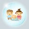 Happy family concept with children protected in polygonal sphere shield