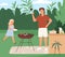 Happy family cooking barbecue at backyard vector flat illustration. Joyful father preparing vegetables and meat on grill