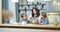 Happy family cooking dough for homemade cookies. Two cute children boy and girl helping mom in the kitchen.