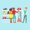 Happy family couple choosing a vacuum cleaner with shop assistant help in home appliance store colorful vector