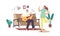 Happy Family Couple Home Party Concept. Man Playing Guitar and Singing Song, Woman Dance. Characters Sparetime