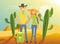 Happy Family Couple Traveling and Sightseeing, Young Man and Woman Posing in Desert Vector Illustration