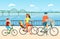 Happy family cycling flat vector illustration. Couple with children, mother, father and kids cartoon characters. People