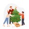 Happy family decorate Christmas Tree with colorful baubles, festive garland and balls