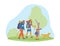 Happy family with dog hiking through forest in nature, flat vector illustration isolated on white background.