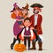 Happy family dressed in costumes, celebrates Halloween. Vector i