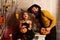 Happy family enjoy halloween party. Father and daughter celebrate halloween party. Father and child prepared for costume