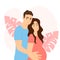 Happy family expecting a child. Vector illustration of husband and pregnant wife.