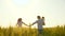 Happy family of farmers with child, are walking on a wheat field. Slow motion. mom, dad and child walk hand in hand