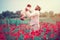 Happy family, father with infant baby boy playing in poppy flower field at summer day