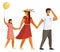Happy family father, mother and daughter with balloon walking outdoors together summer day