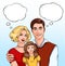 Happy family. father, mother and daughter with sound clouds. pop art illustration at comics style.