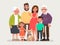 Happy family. Father, mother, grandmother, grandfather and children with a pet. Vector illustration