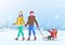 Happy Family Father and Mother parents ride on the sleigh of children Son and Daughter on Snowdrifts Winter snow background with