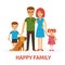 Happy family flat vector illustration with mother, father, daughter, son and dog in flat style isolated on white