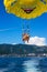 Happy family flying on parachute over sea