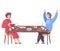 Happy family or friends man and woman sitting at table and playing strategy logical board card game