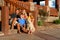 Happy family on front steps