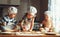 Happy family funny kids bake cookies in kitchen