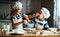 Happy family funny kids bake cookies in kitchen