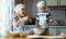 Happy family funny kids bake cookies in kitchen