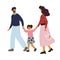 Happy family go for a walk. Mother and father holding them childs hands and walking. Family concept.