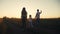 Happy family goes for a walk in the park on silhouette at sunset. daughter holds mom and. people in the park concept