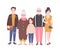 Happy family with grandfather, grandmother, father, mother and child girl standing together. Cute funny cartoon