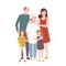 Happy family with grandfather, grandmother, mother, child girl and boy standing together and embracing each other. Funny