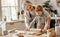 Happy family grandmother and grandson child cook in kitchen, knead dough, bake cookies