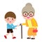 Happy Family Grandmother and grandson, Children Volunteer helping grandmother walking, concept Elderly care