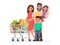 Happy family with a grocery cart full of products is shopping at the supermarket. Vector illustration