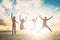 Happy family group jump on beautiful background concept for relax lifestyle