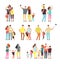 Happy family groups. Adult parents couple playing with kids vector cartoon people isolated