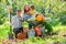 Happy family harvests of apples