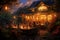 Happy family having cozy dinner on terrace with lights in warm autumn evening. Family spending time together in atmospheric garden